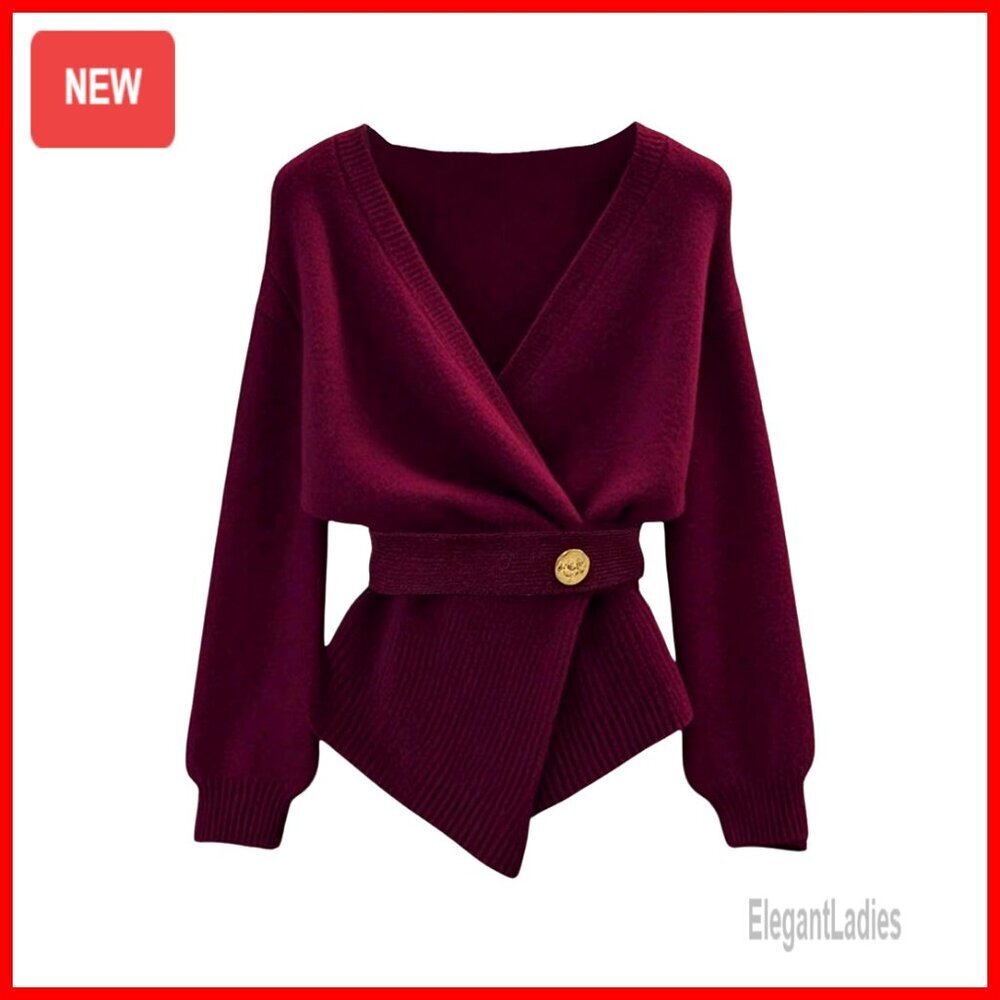 Wrap Cardigan with Adjustable Belt Deep V Neck Long Sleeve Business Casual